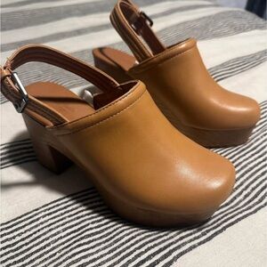 Tan Leather Clogs with Wooden Heel